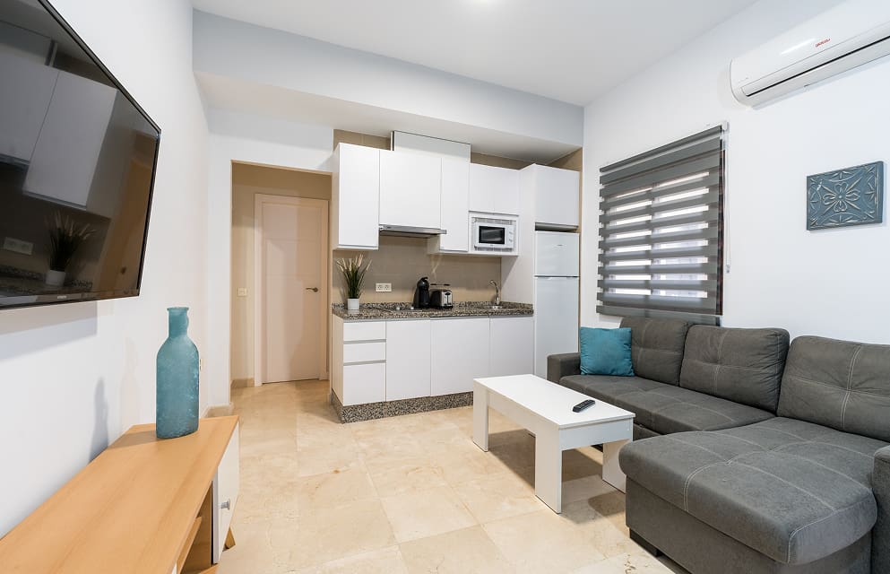 General view of an apartment, showing the integration between the living room and the fully equipped kitchen.