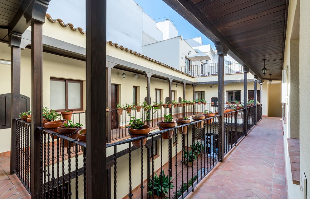 General view of the beautiful courtyard at Hoteles del Sur, adorned with flower pots
