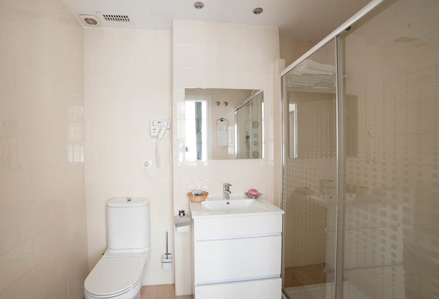 Apartamento Superior | Casa de banho Casa de banho com duche, divisória e secador de cabelo de parede