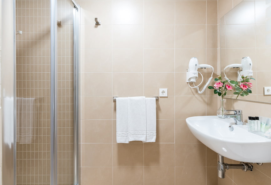 Dúplex de 2 quartos com terraço | Casa de banho Casa de banho com duche, com secador de cabelo integrado na parede